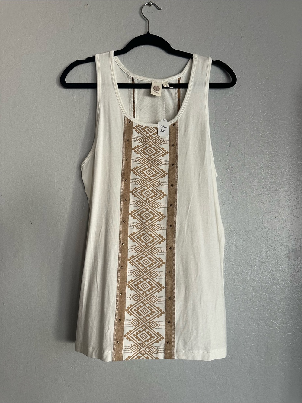 Sleeveless White Tank with Tan Geo Panel